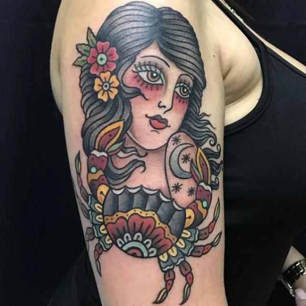 Traditional Cancer woman tattoo half sleeve
