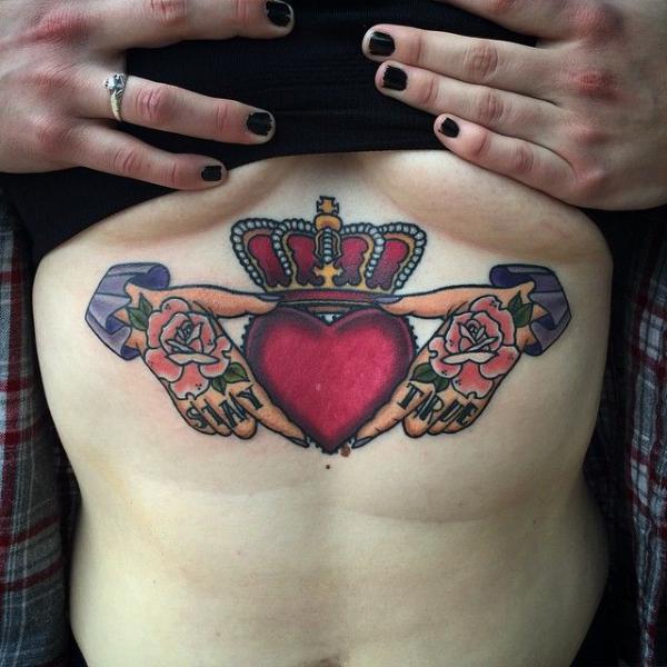 Traditional Claddagh with rose stomach tattoo