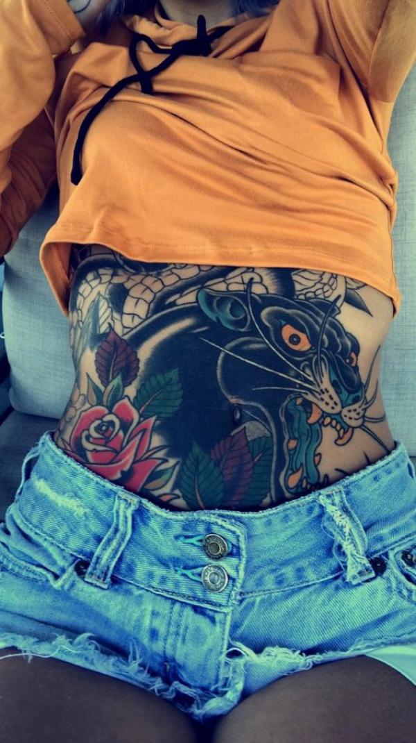 Traditional mouse and rose stomach tattoo