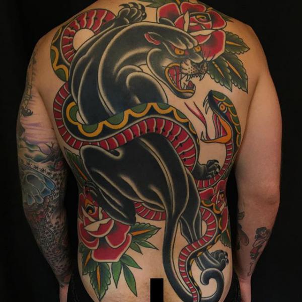 Traditional panther and snake with roses full back tattoo