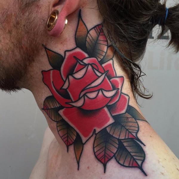 Traditional rose neck tattoo