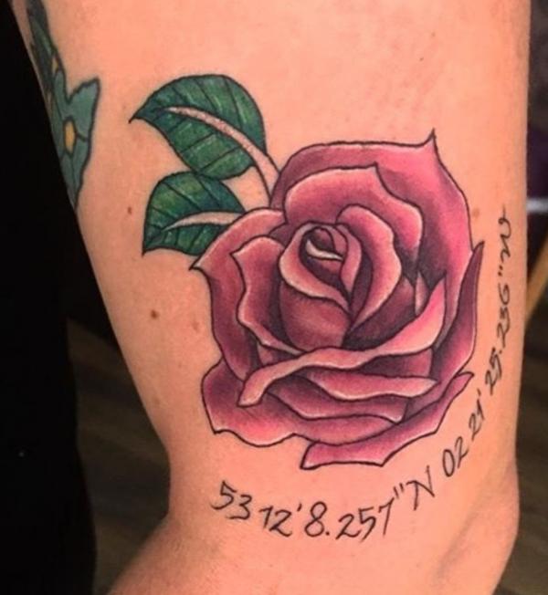 Traditional rose with coordinates tattoo