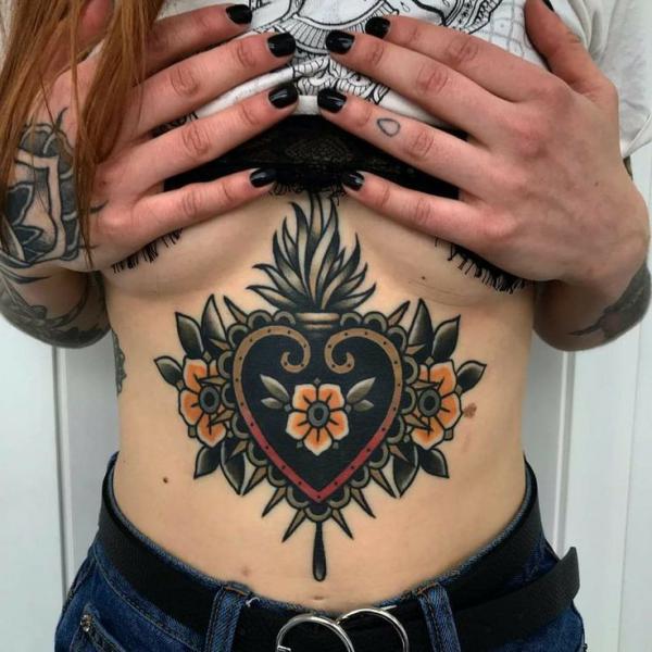 Traditional sacred heart stomach tattoo