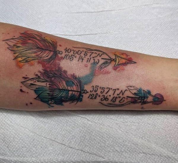 Two arrow with coordinates forearm tattoo