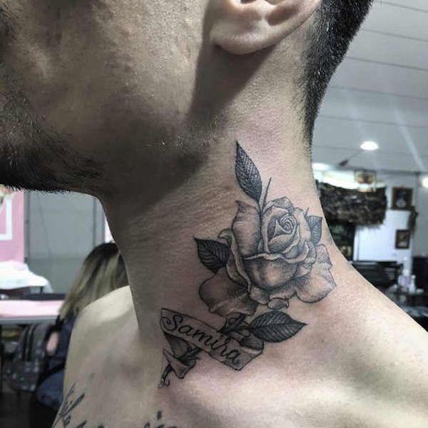 Vintage rose neck tattoo with name