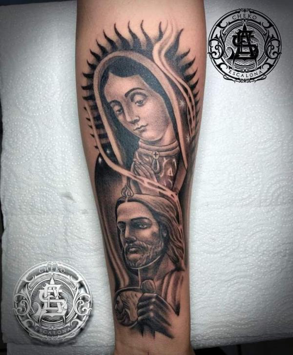 Virgin Mary and San Judas forearm tattoo