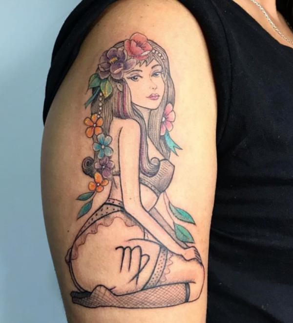 Virgo Maiden half sleeve tattoo