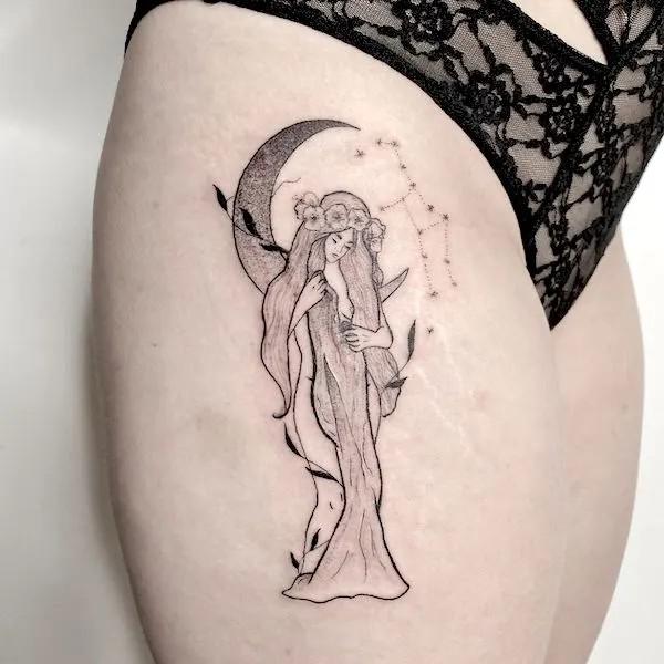 Virgo Maiden with Constellation thigh tattoo