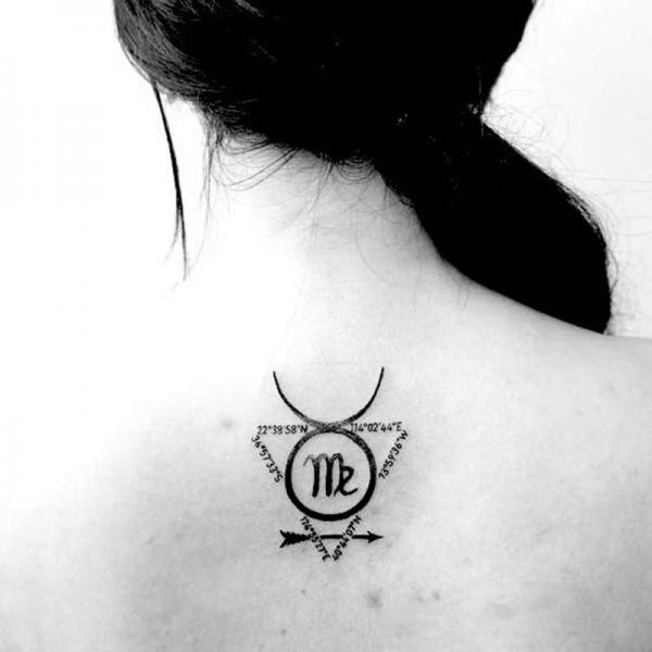Virgo and Mercury glyph back tattoo