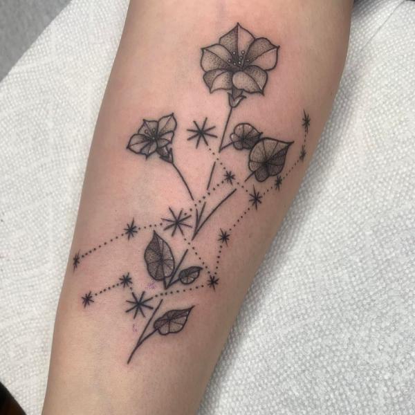 Virgo constellation and Morning glory tattoo