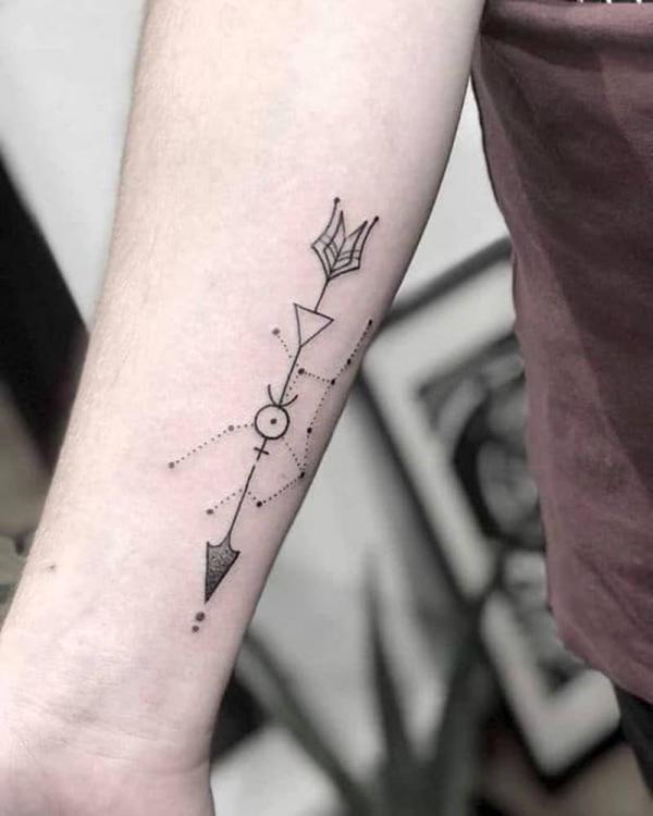 Virgo constellation and Sagittarius arrow forearm tattoo