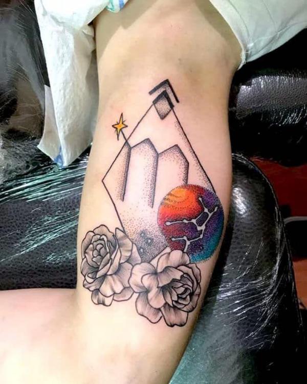 Virgo constellation and roses calf tattoo