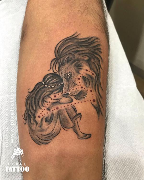 Virgo girl and Leo Lion with Constellation tattoo