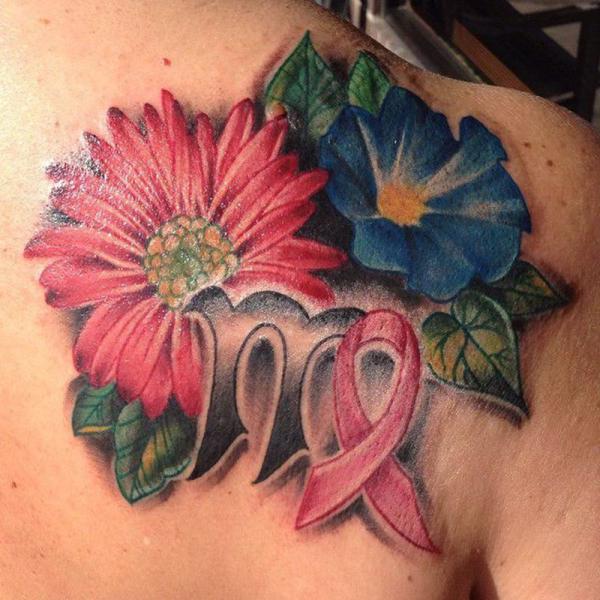 Virgo glyph with realistic daisy and morning glory tattoo