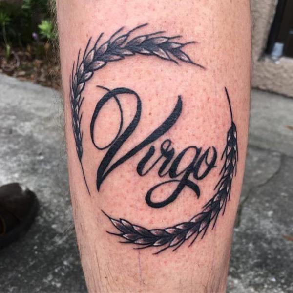 Virgo lettering with wheat wreath tattoo