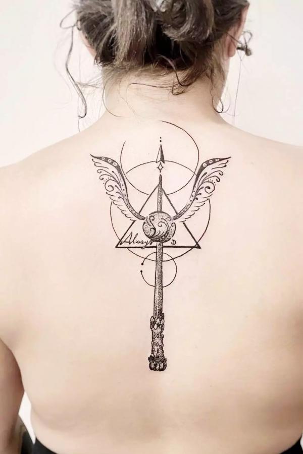 Wand Snitch and deathly hallows back tattoo