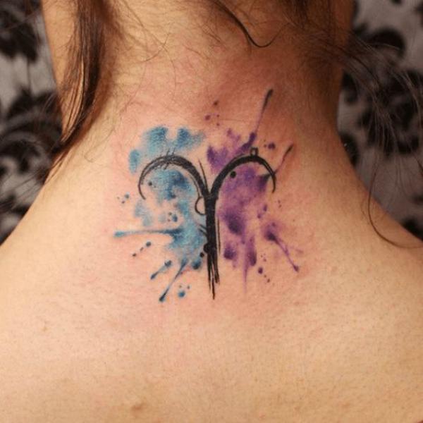 Watercolor Aries glyph back neck tattoo