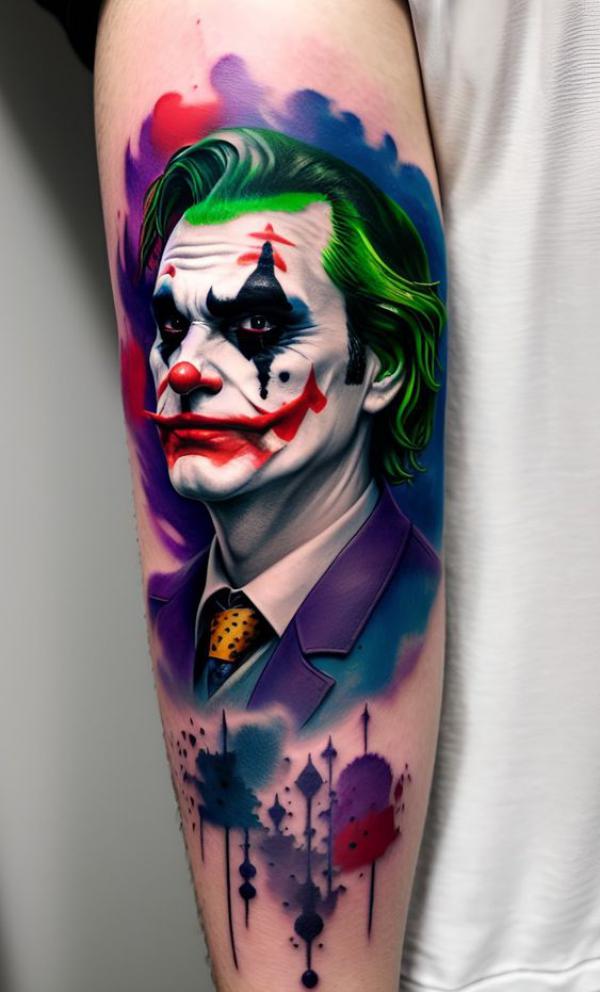 Watercolor Joker forearm tattoo