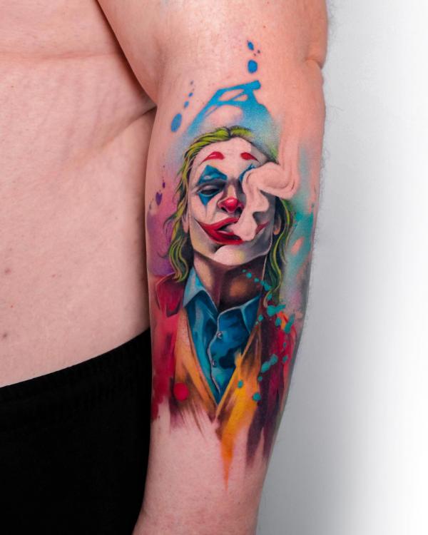 Watercolor Joker smoking tattoo