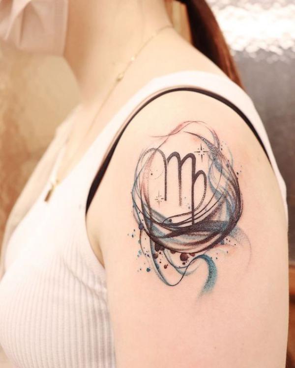 Watercolor Virgo sign shoulder tattoo