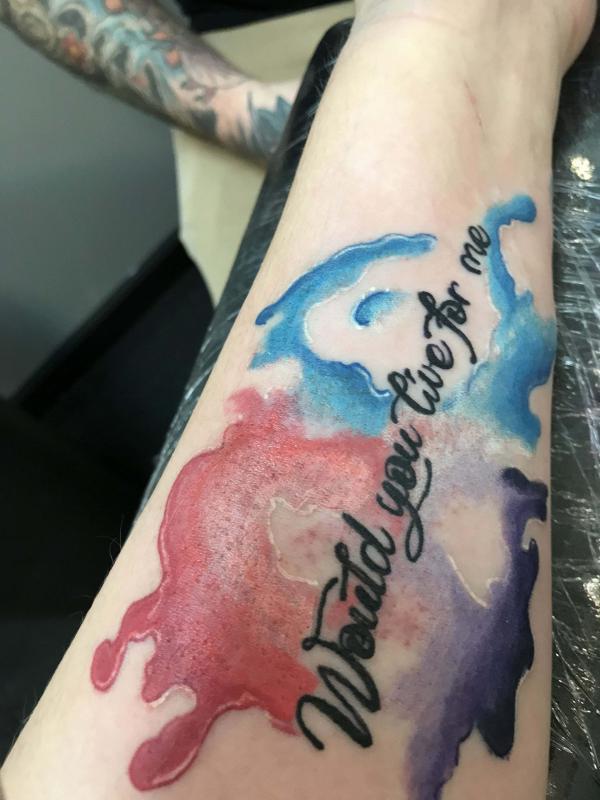 Watercolor abstract Harley and Joker would you live for me tattoo