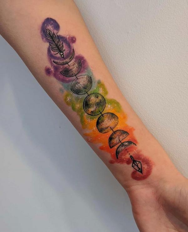 Watercolor moon phases with arrow tattoo