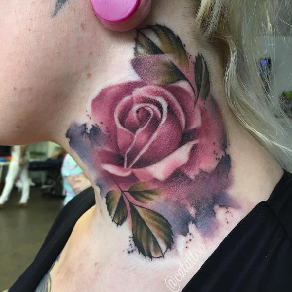 Watercolor purple rose neck tattoo