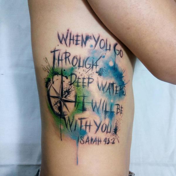 When you go through deep waters I will be with you Isaiah 43 2 Bible verse with compass tattoo