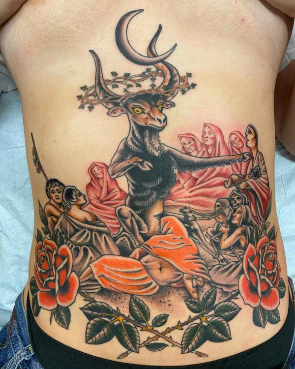Witches sabbath stomach tattoo traditional