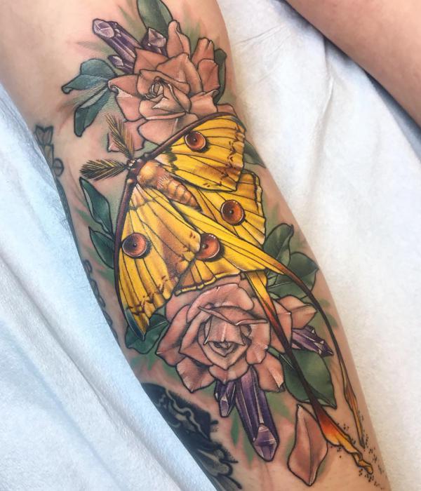 Yellow luna moth and roses with crystal tattoo