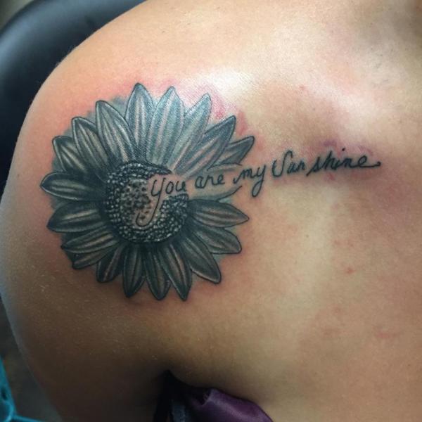 You Are My Sunshine Shoulder tattoo black and grey