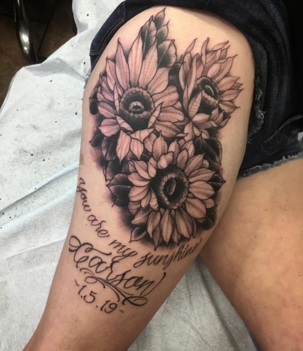 You Are My Sunshine thigh tattoo with name and date