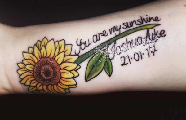 You are my sunshine forearm tattoo with name and date