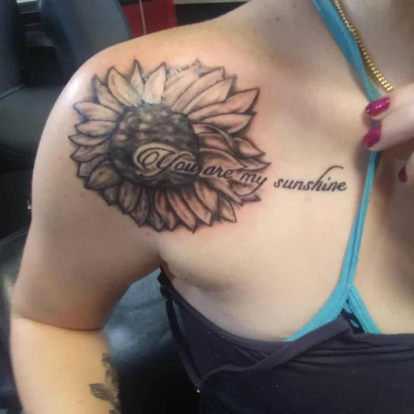 You are my sunshine sunflower shoulder tattoo