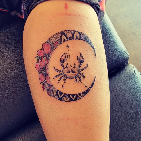 Zodiac cancer and constellation with floral crescent moon tattoo