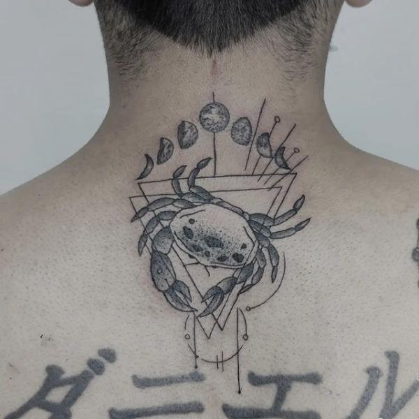Zodiac cancer and moon phases nape tattoo