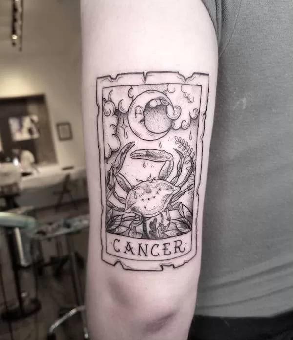 Zodiac cancer card tattoo with moon face