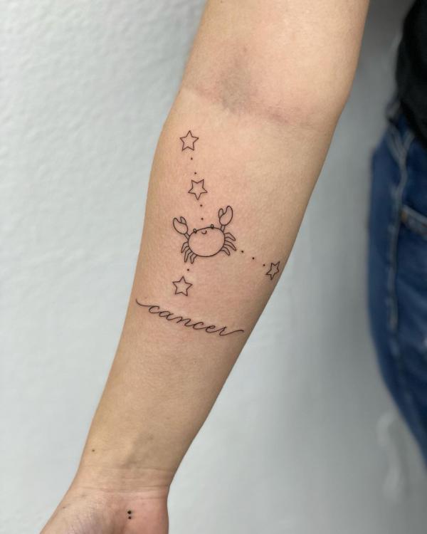 Zodiac cancer constellation with stars line work tattoo