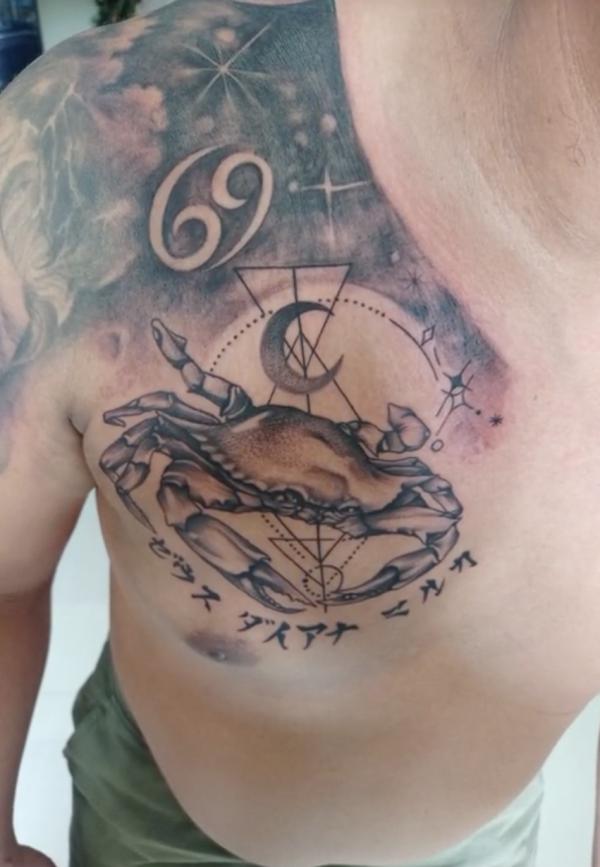 Zodiac cancer crab moon chest tattoo