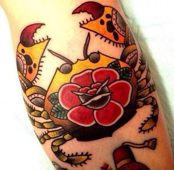 Zodiac cancer crab with rose tattoo traditional