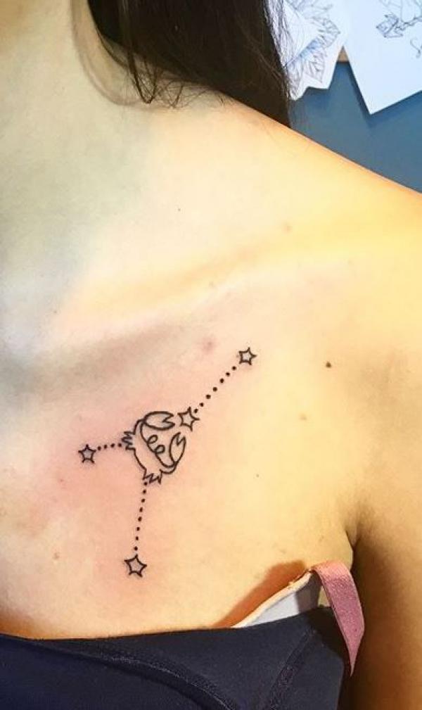 Zodiac cancer line work with constellation clavicle tattoo
