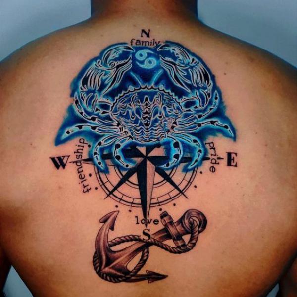 Zodiac cancer with compass and anchor tattoo back
