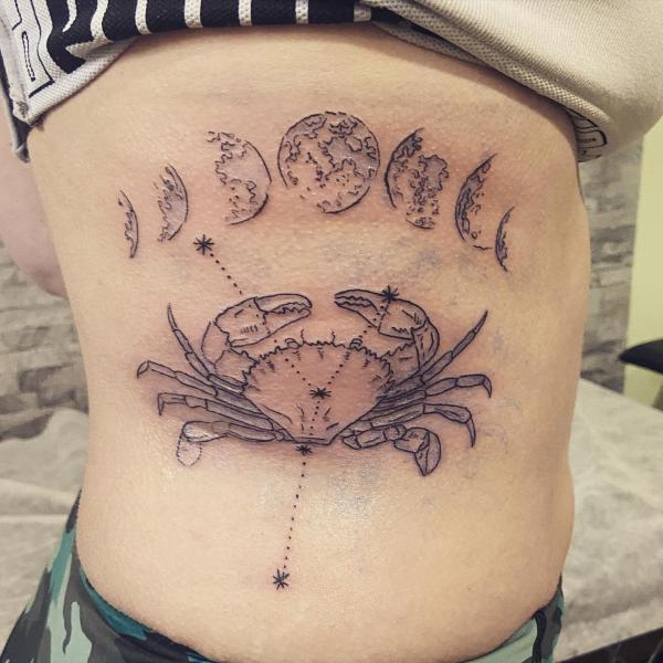 Zodiac cancer with moon phases side tattoo