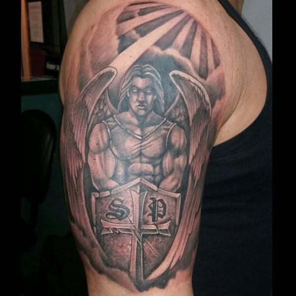 archangel michael with cross shield half sleeve tattoo