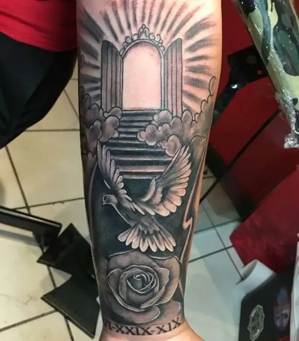 black and grey staircase to heaven with dove and rose tattoo