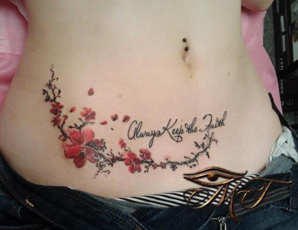 cherry blossom tummy tattoo with quote Always Keep the faith