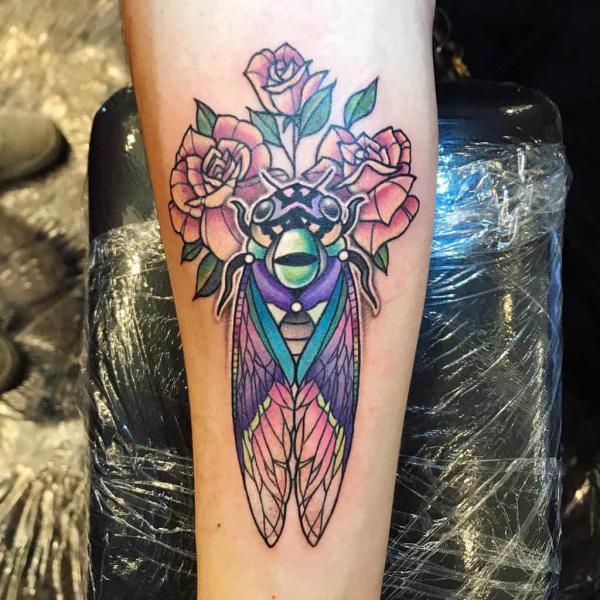 colorful cicada and roses tattoo