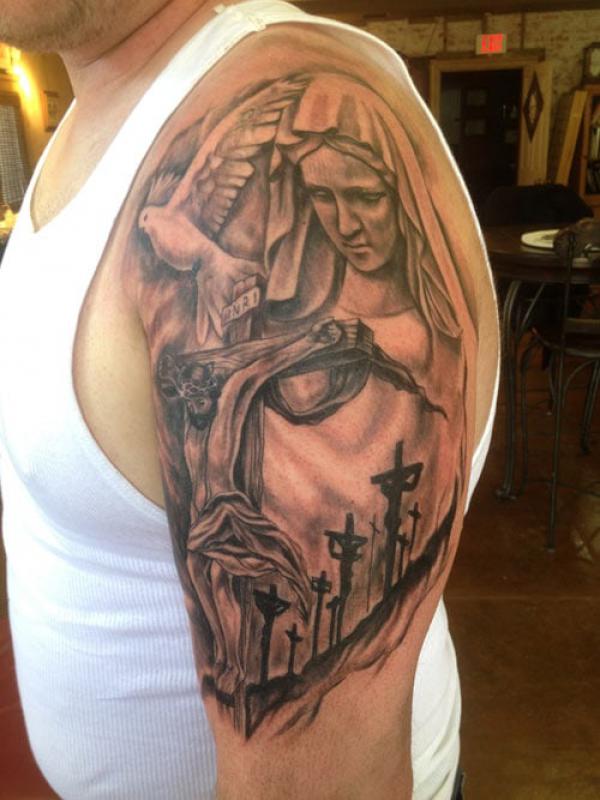 cross jesus with dove and Mary tattoo half sleeve