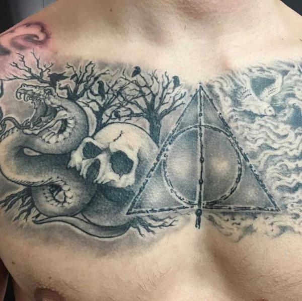 death eater and deathly hallows chest tattoo