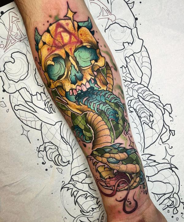 death eater and snake with partial skeleton tattoo